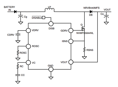 アプリケーション回路図 - onsemi NCV8877非同期ブーストコントローラ